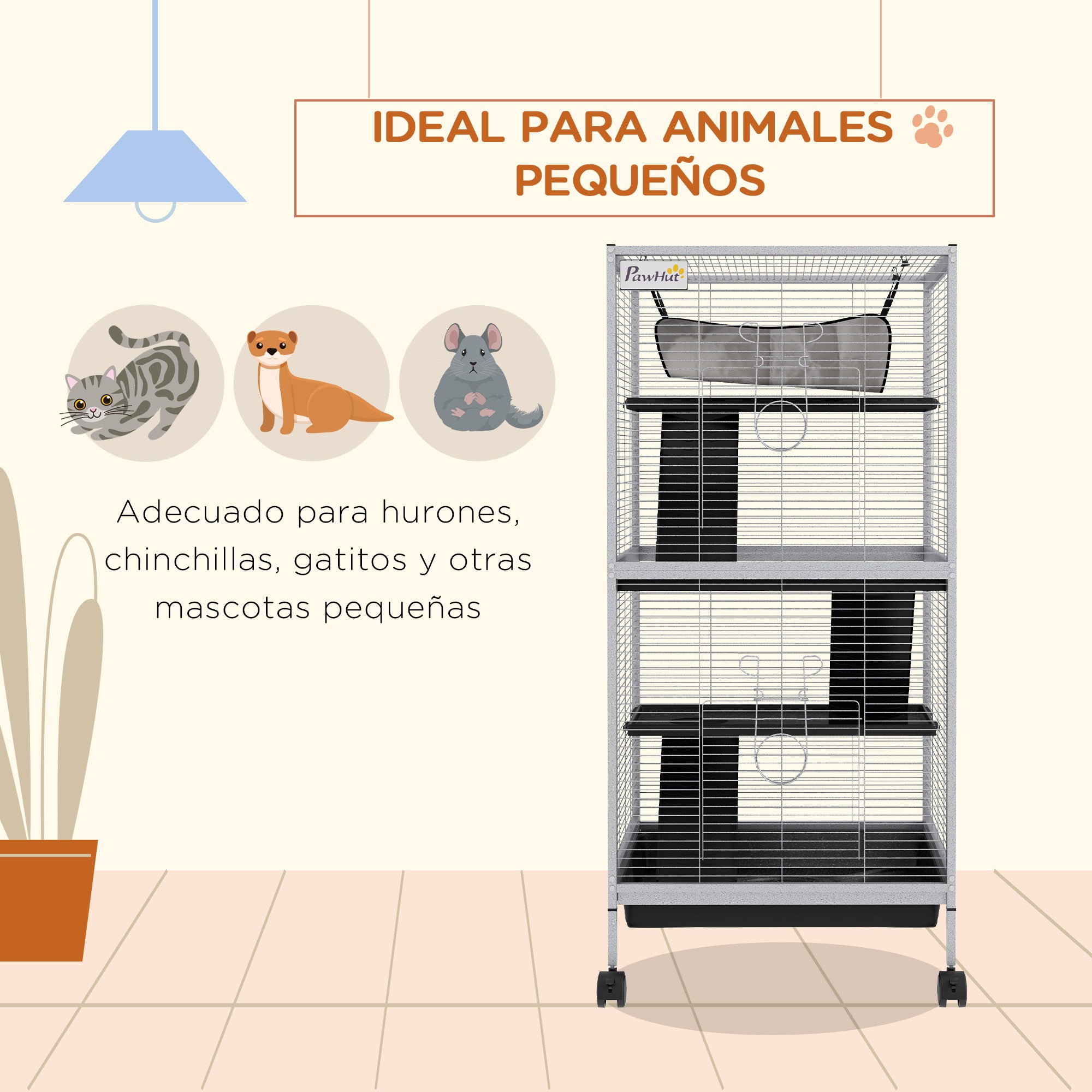 4-Level Small Animal Cage for Rodents with Wheels, 2 Doors, 3 Ramps, Hanging Hammock, and Removable Tray for Chinchillas 52x52x113.5 cm Light Gray