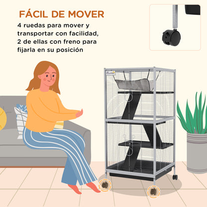 4-Level Small Animal Cage for Rodents with Wheels, 2 Doors, 3 Ramps, Hanging Hammock, and Removable Tray for Chinchillas 52x52x113.5 cm Light Gray