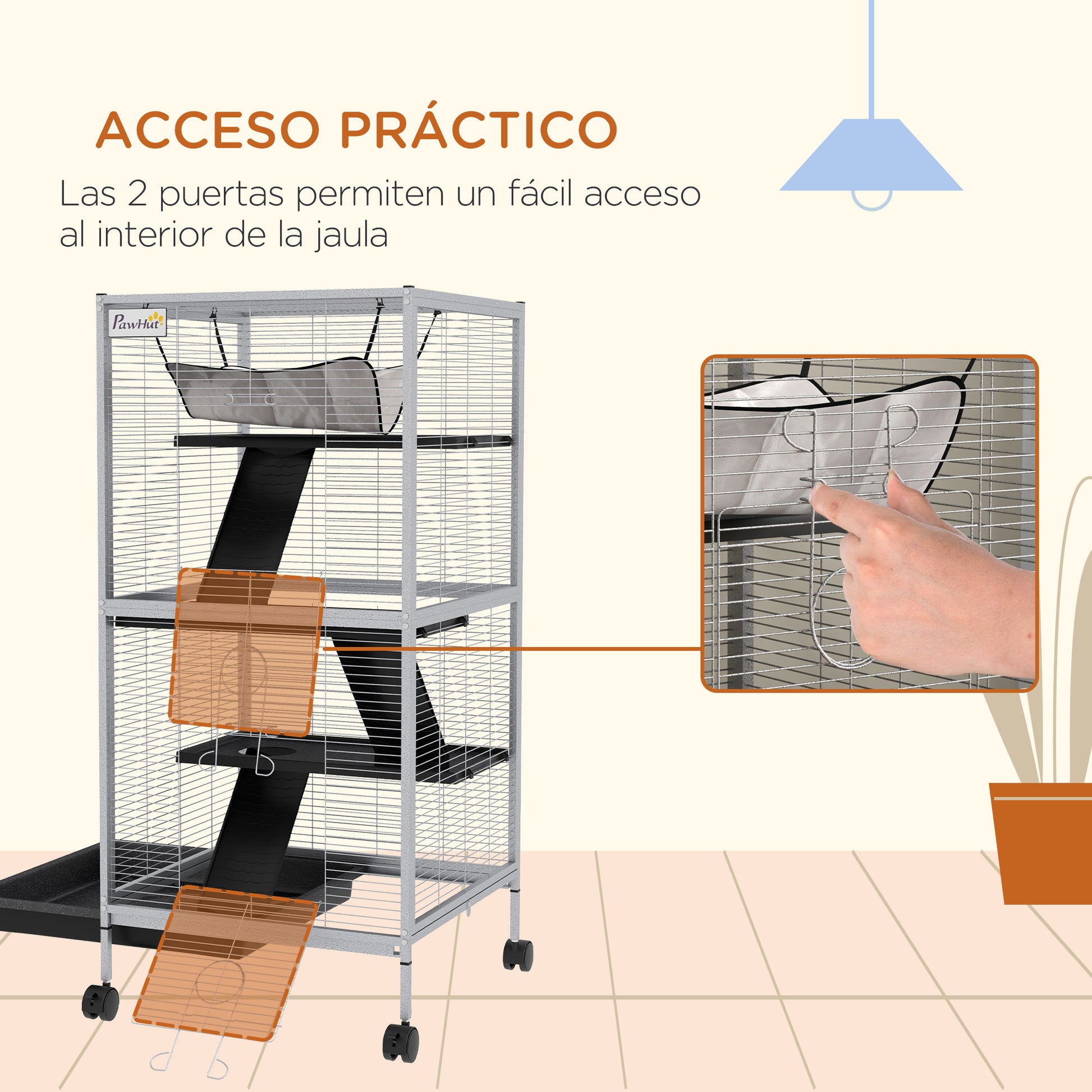 4-Level Small Animal Cage for Rodents with Wheels, 2 Doors, 3 Ramps, Hanging Hammock, and Removable Tray for Chinchillas 52x52x113.5 cm Light Gray