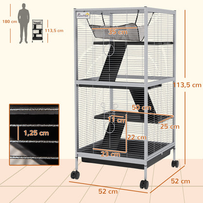 4-Level Small Animal Cage for Rodents with Wheels, 2 Doors, 3 Ramps, Hanging Hammock, and Removable Tray for Chinchillas 52x52x113.5 cm Light Gray