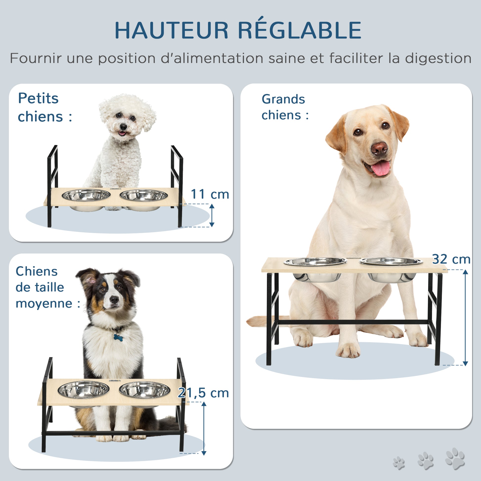 Double Elevated Dog Bowl Stand with 2 Removable Stainless Steel Bowls, Adjustable Height 11/21.5/32 cm and 1 Mat