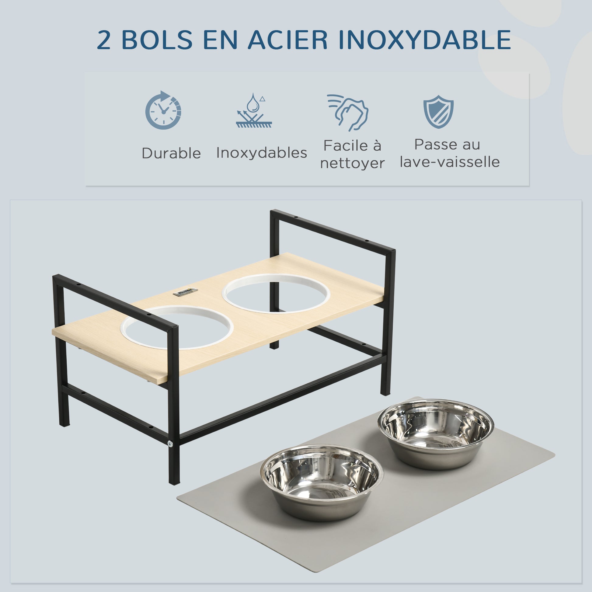 Double Elevated Dog Bowl Stand with 2 Removable Stainless Steel Bowls, Adjustable Height 11/21.5/32 cm and 1 Mat
