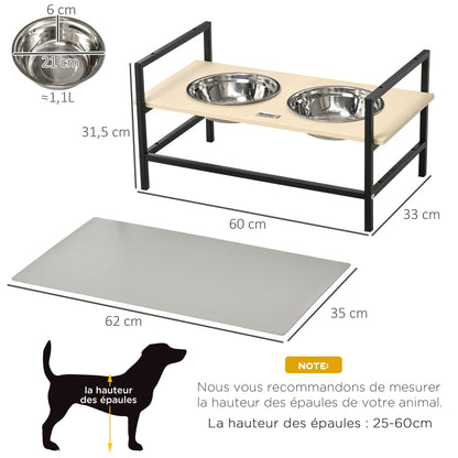 Double Elevated Dog Bowl Stand with 2 Removable Stainless Steel Bowls, Adjustable Height 11/21.5/32 cm and 1 Mat
