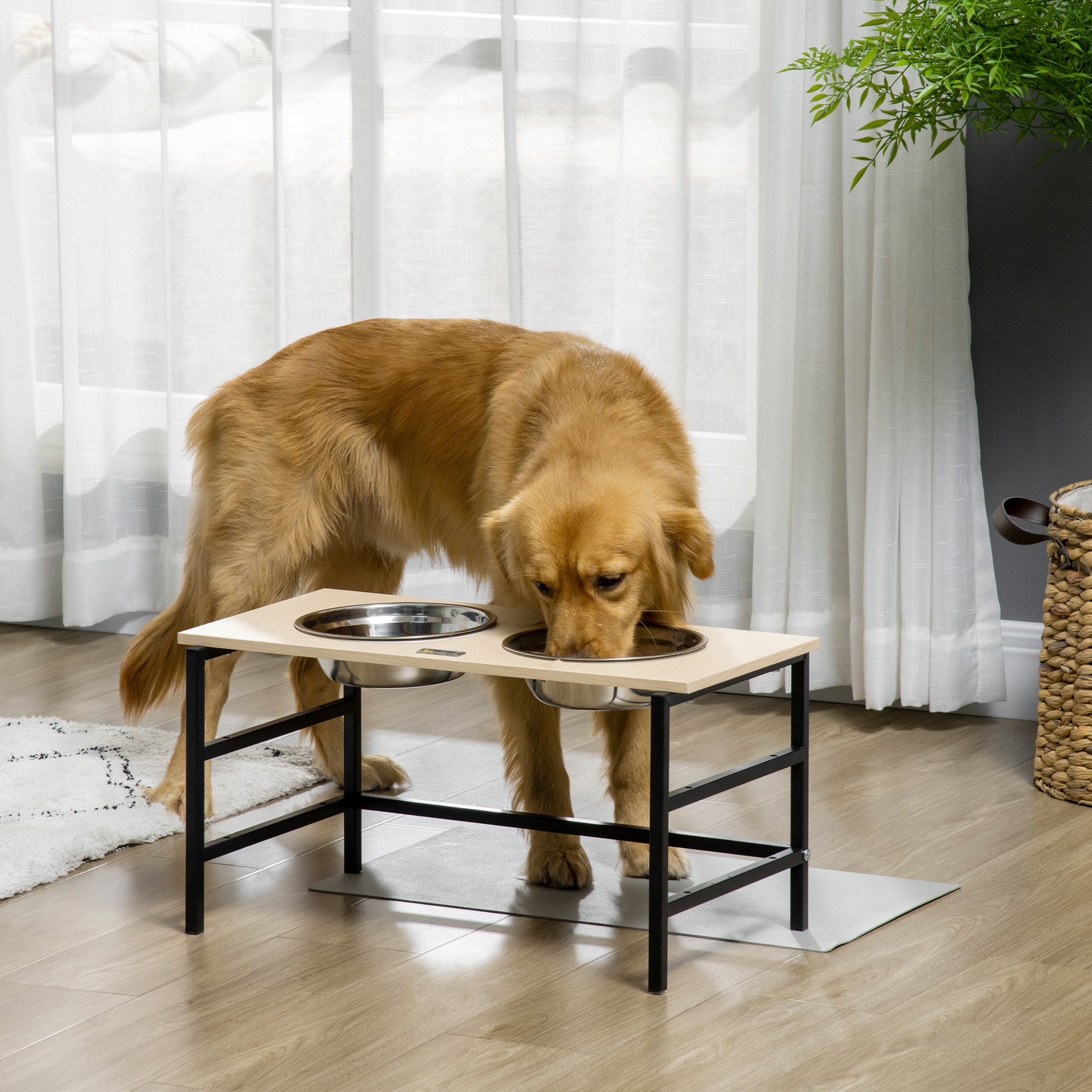 Double Elevated Dog Bowl Stand with 2 Removable Stainless Steel Bowls, Adjustable Height 11/21.5/32 cm and 1 Mat