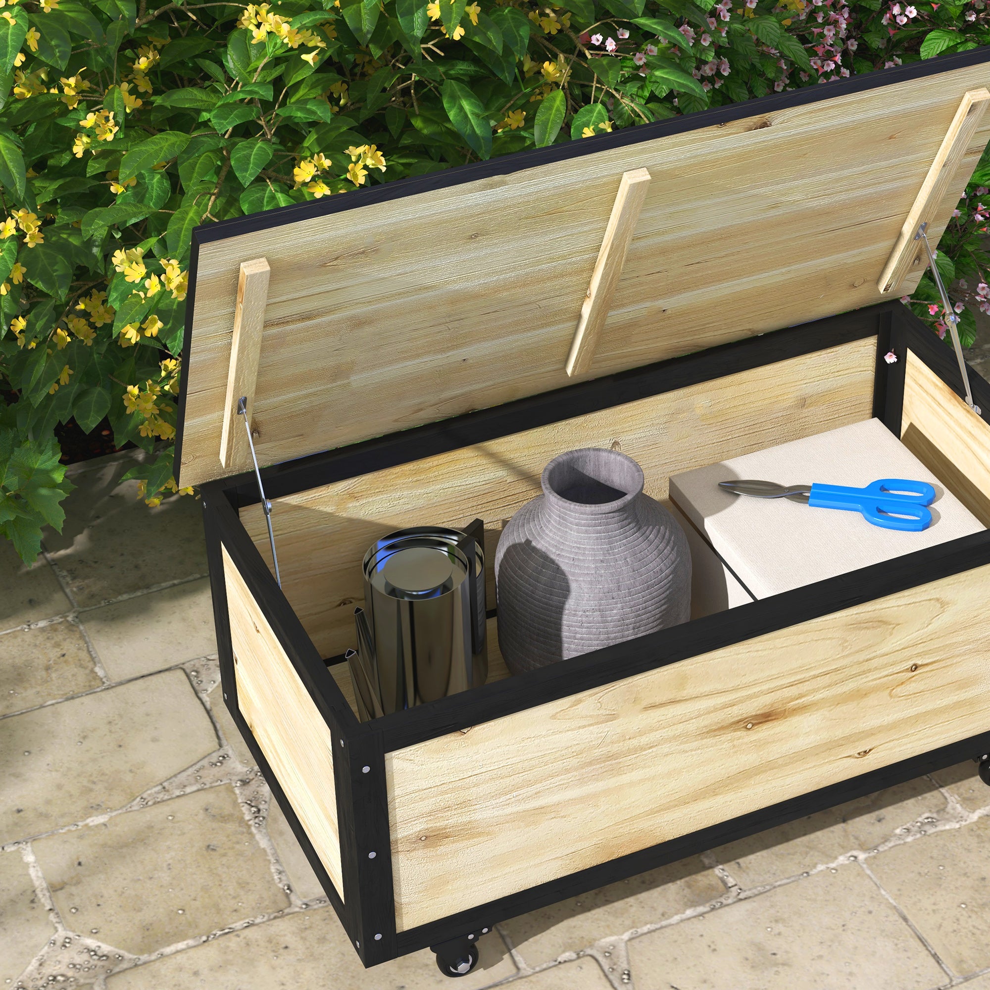 Wooden Garden Box 121L Storage Box with Wheels, Weather-Resistant Storage Chest for Balcony, Patio, Natural Wood