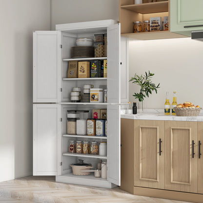 Tall Kitchen Cabinet with 6 Shelves and 2 Doors, Pantry Cabinet with Adjustable Shelves in Wood, 76x40.5x184 cm, White
