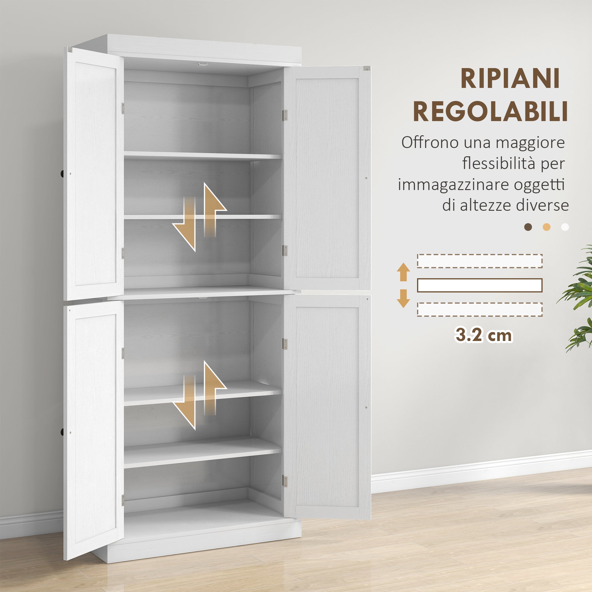 Tall Kitchen Cabinet with 6 Shelves and 2 Doors, Pantry Cabinet with Adjustable Shelves in Wood, 76x40.5x184 cm, White