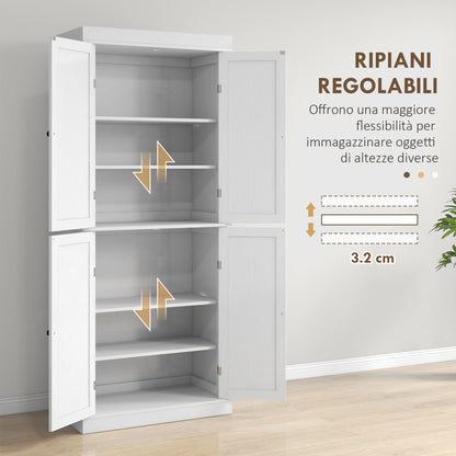 Tall Kitchen Cabinet with 6 Shelves and 2 Doors, Pantry Cabinet with Adjustable Shelves in Wood, 76x40.5x184 cm, White