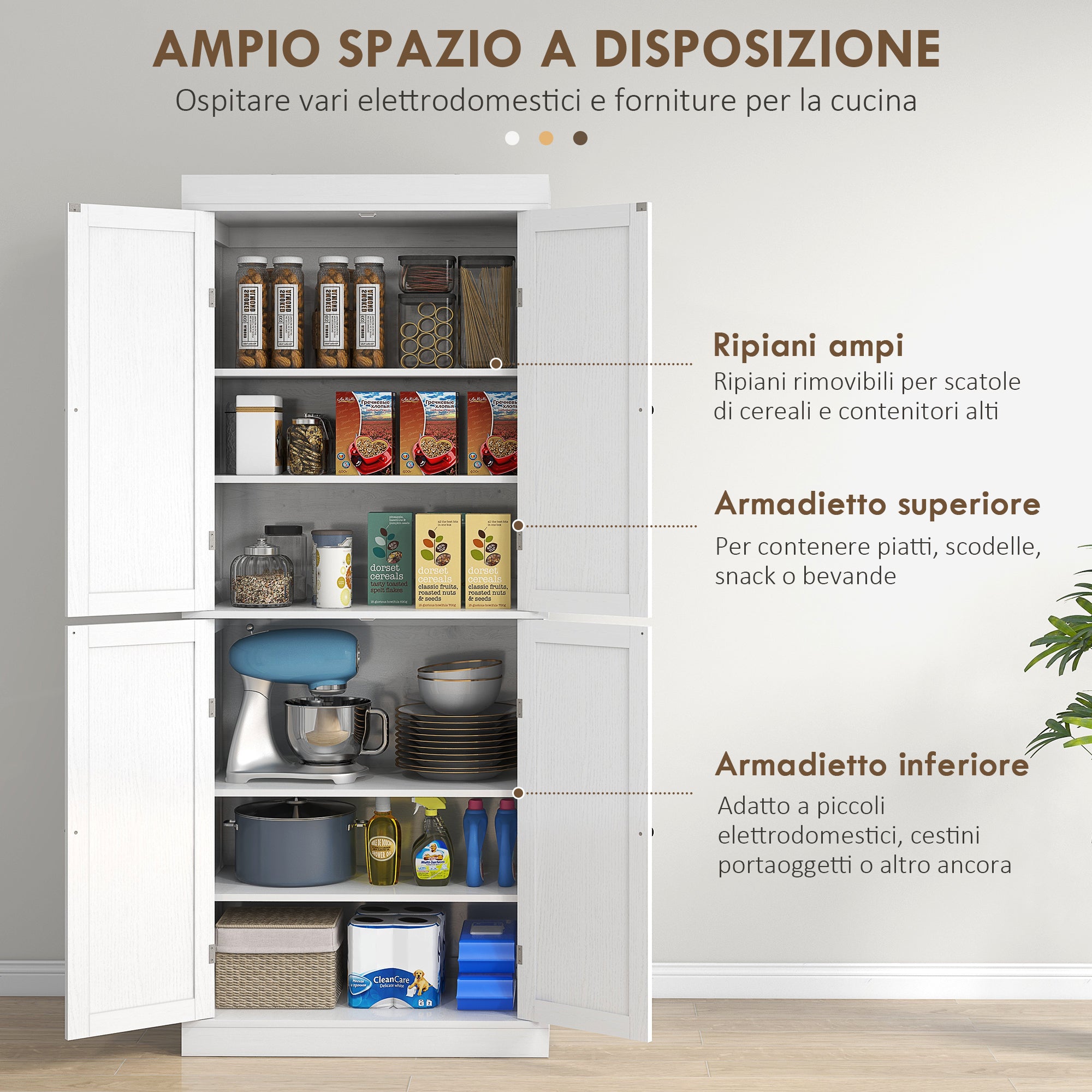 Tall Kitchen Cabinet with 6 Shelves and 2 Doors, Pantry Cabinet with Adjustable Shelves in Wood, 76x40.5x184 cm, White