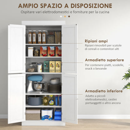 Tall Kitchen Cabinet with 6 Shelves and 2 Doors, Pantry Cabinet with Adjustable Shelves in Wood, 76x40.5x184 cm, White