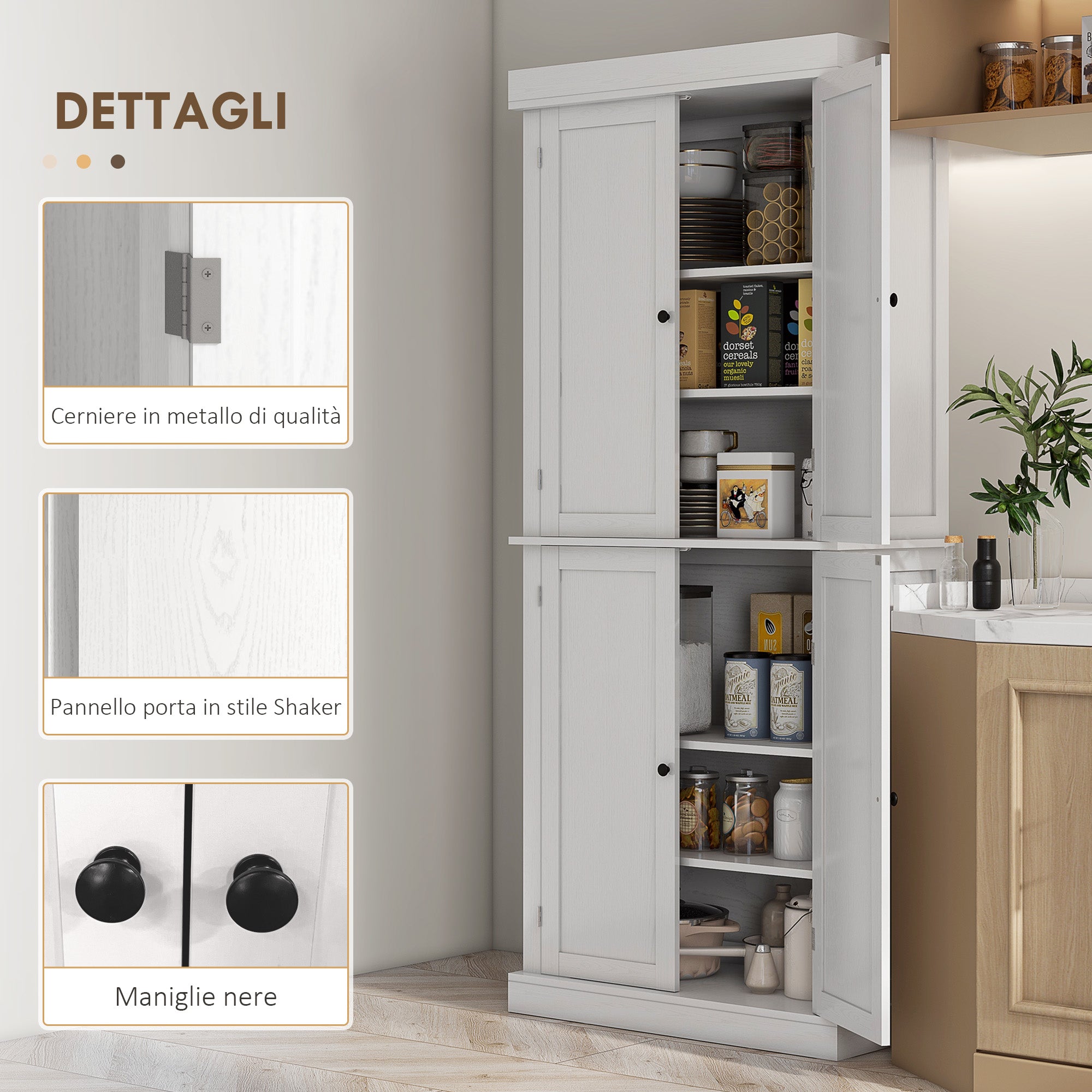 Tall Kitchen Cabinet with 6 Shelves and 2 Doors, Pantry Cabinet with Adjustable Shelves in Wood, 76x40.5x184 cm, White