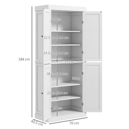Tall Kitchen Cabinet with 6 Shelves and 2 Doors, Pantry Cabinet with Adjustable Shelves in Wood, 76x40.5x184 cm, White