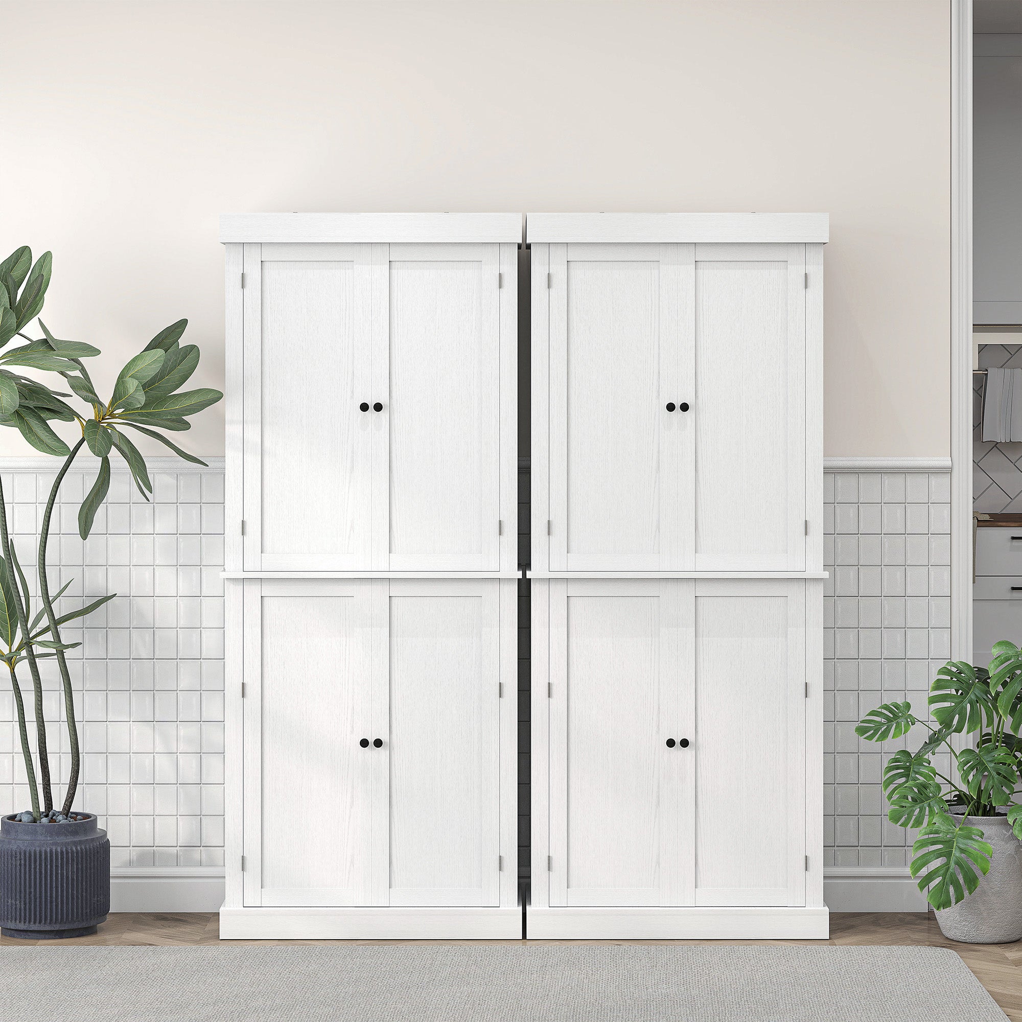 Tall Kitchen Cabinet with 6 Shelves and 2 Doors, Pantry Cabinet with Adjustable Shelves in Wood, 76x40.5x184 cm, White