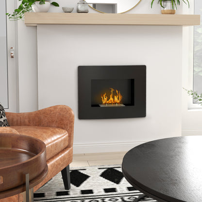 Wall-Mounted Bioethanol Fireplace Curved Bioethanol Stove with 0.9L Stainless Steel Flame Extinguisher Combustion Time 3.3H for Indoors 15-20 m² 66x16x52 cm Black