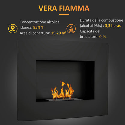 Wall-Mounted Bioethanol Fireplace Curved Bioethanol Stove with 0.9L Stainless Steel Flame Extinguisher Combustion Time 3.3H for Indoors 15-20 m² 66x16x52 cm Black