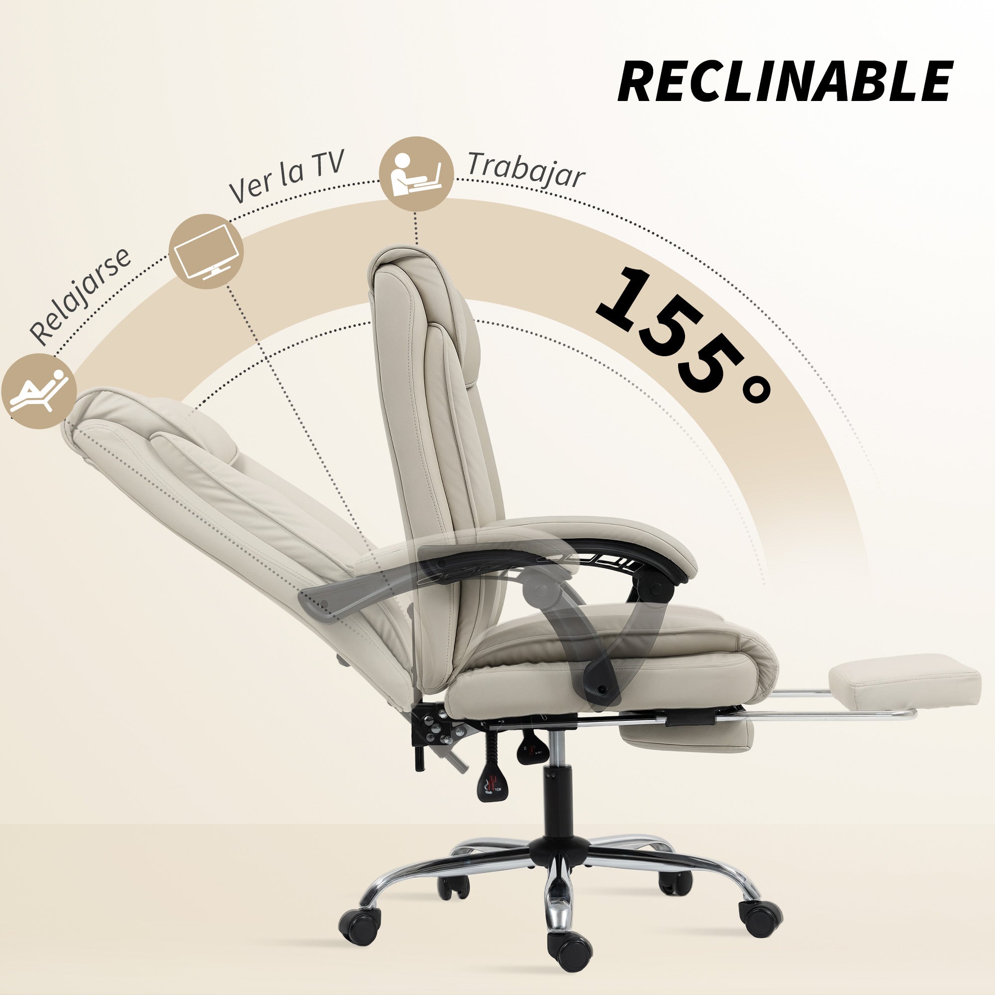 Office Chair with Footrest, High-Back Recliner, Thick Dual Padding, Durable PU Leather, Adjustable Height — Khaki
