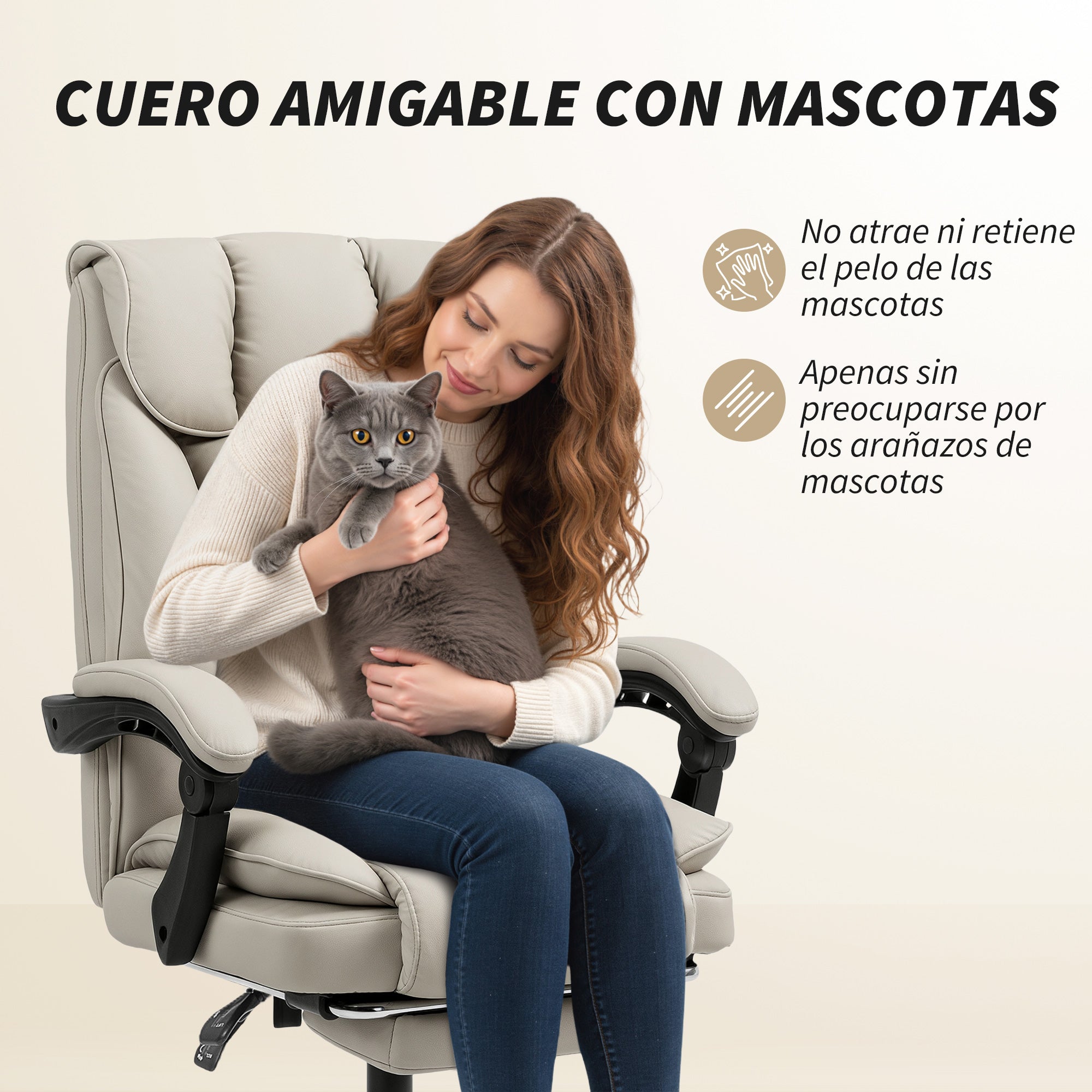 Office Chair with Footrest, High-Back Recliner, Thick Dual Padding, Durable PU Leather, Adjustable Height — Khaki