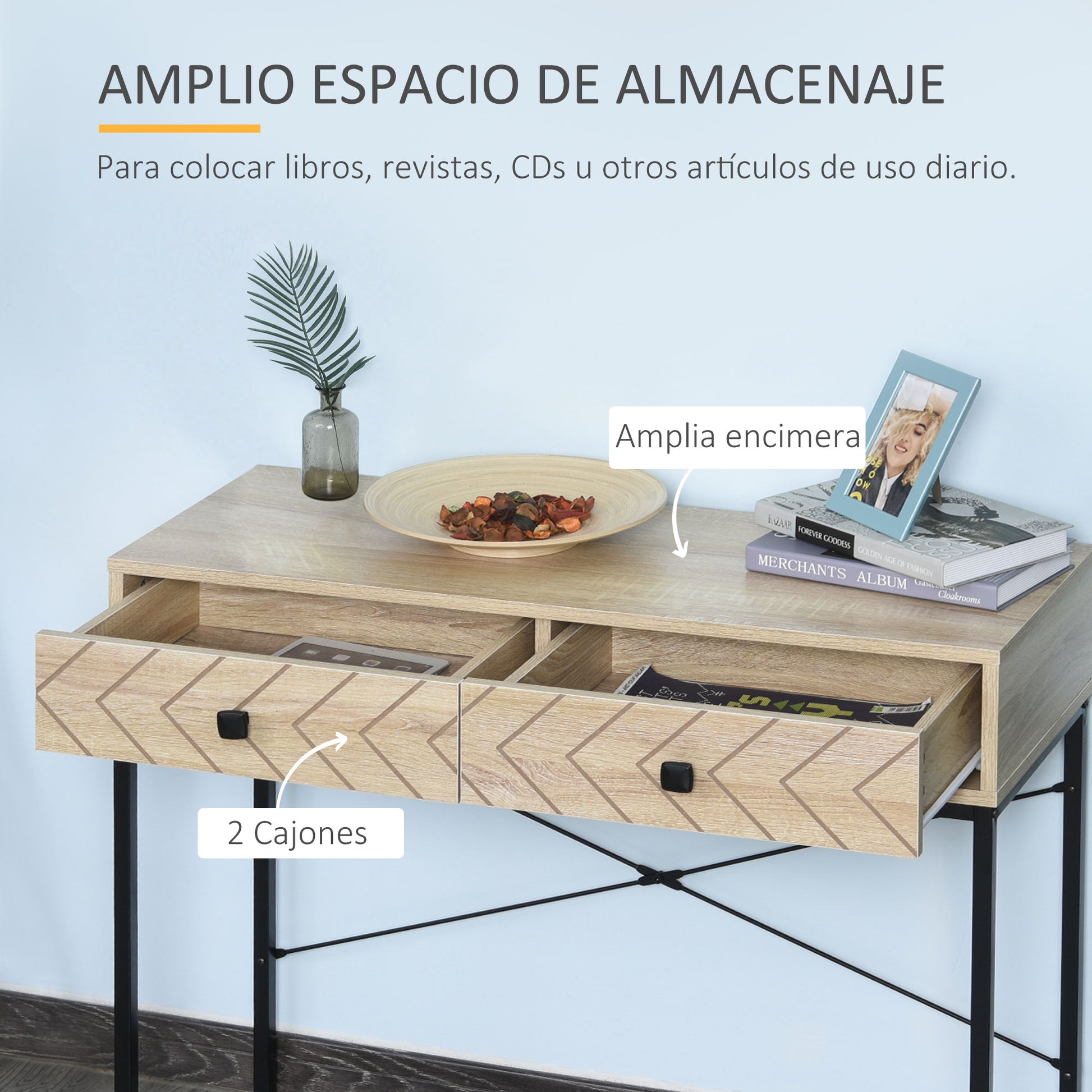 Console Table 90x35x76 cm Entryway Table with 2 Decorative Storage Drawers and Metal Frame for Hallway Living Room Natural Color