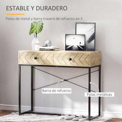 Console Table 90x35x76 cm Entryway Table with 2 Decorative Storage Drawers and Metal Frame for Hallway Living Room Natural Color