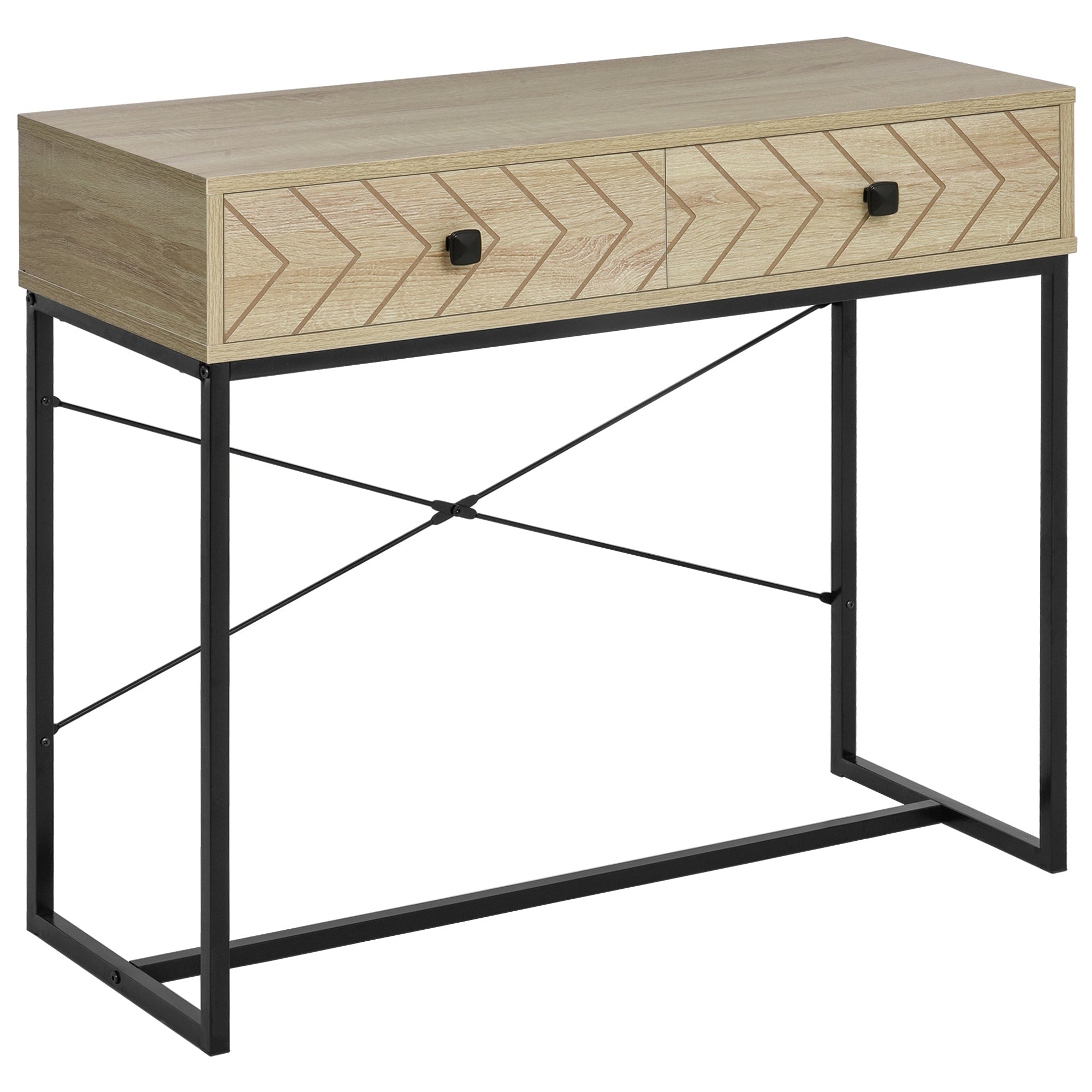 Console Table 90x35x76 cm Entryway Table with 2 Decorative Storage Drawers and Metal Frame for Hallway Living Room Natural Color