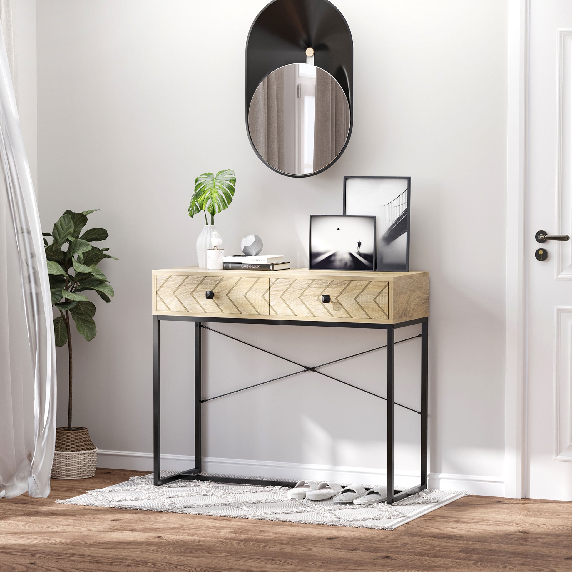 Console Table 90x35x76 cm Entryway Table with 2 Decorative Storage Drawers and Metal Frame for Hallway Living Room Natural Color