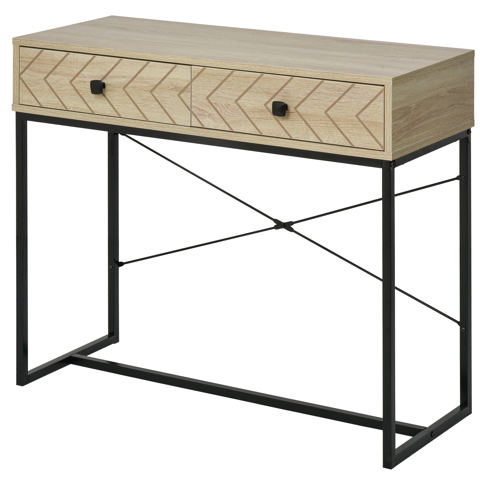 Console Table 90x35x76 cm Entryway Table with 2 Decorative Storage Drawers and Metal Frame for Hallway Living Room Natural Color