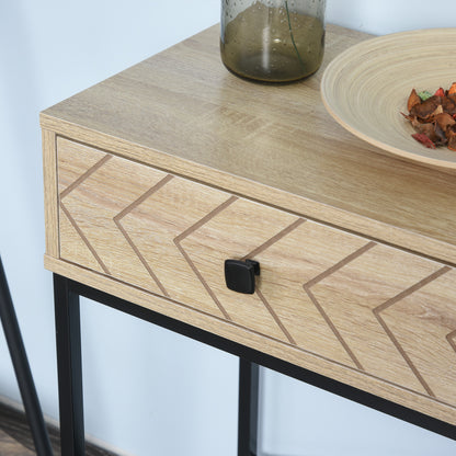 Console Table 90x35x76 cm Entryway Table with 2 Decorative Storage Drawers and Metal Frame for Hallway Living Room Natural Color