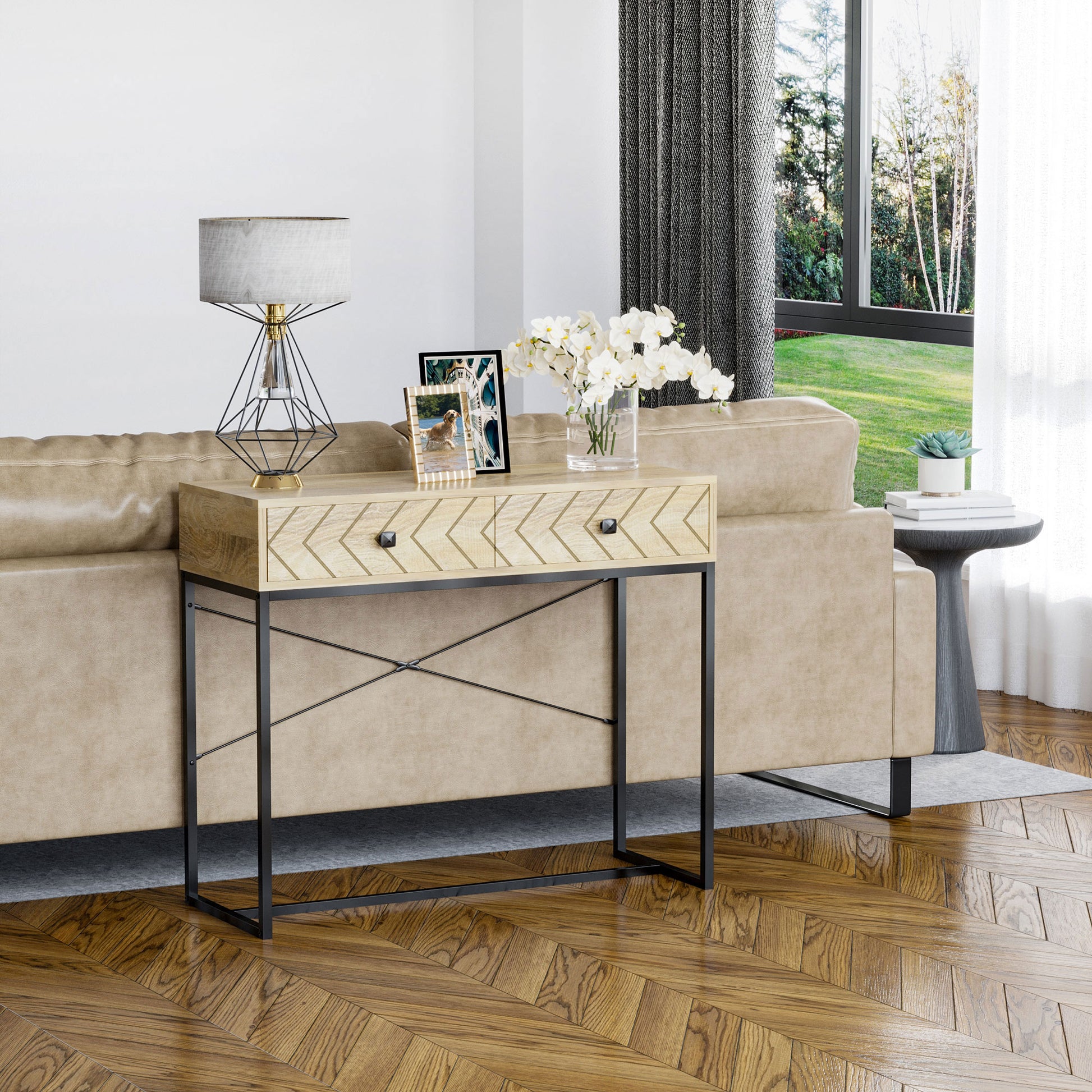 Console Table 90x35x76 cm Entryway Table with 2 Decorative Storage Drawers and Metal Frame for Hallway Living Room Natural Color