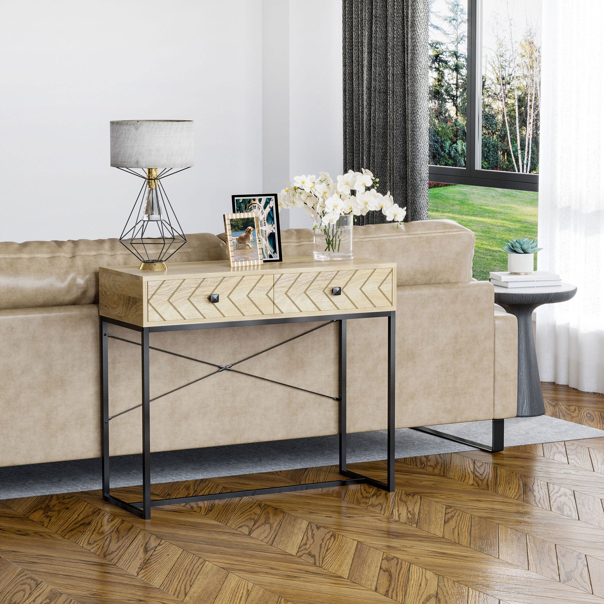 Console Table 90x35x76 cm Entryway Table with 2 Decorative Storage Drawers and Metal Frame for Hallway Living Room Natural Color