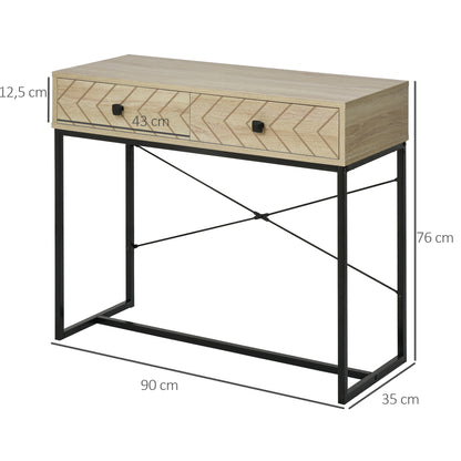 Console Table 90x35x76 cm Entryway Table with 2 Decorative Storage Drawers and Metal Frame for Hallway Living Room Natural Color