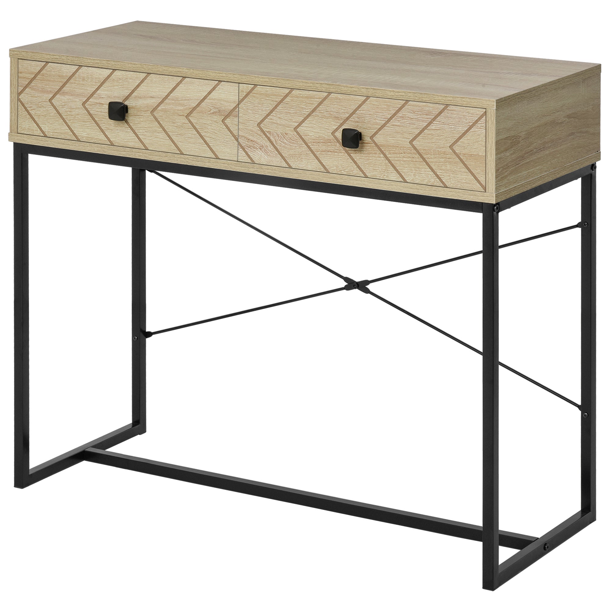Console Table 90x35x76 cm Entryway Table with 2 Decorative Storage Drawers and Metal Frame for Hallway Living Room Natural Color