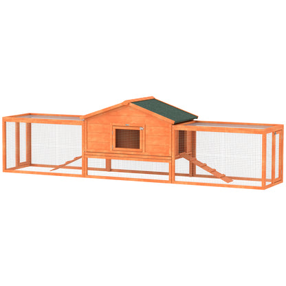 Outdoor Rabbit Hutch with House and 2 Enclosures, Rabbit Cage and Small Animal with Ramps, 309x69.5x87cm, Orange