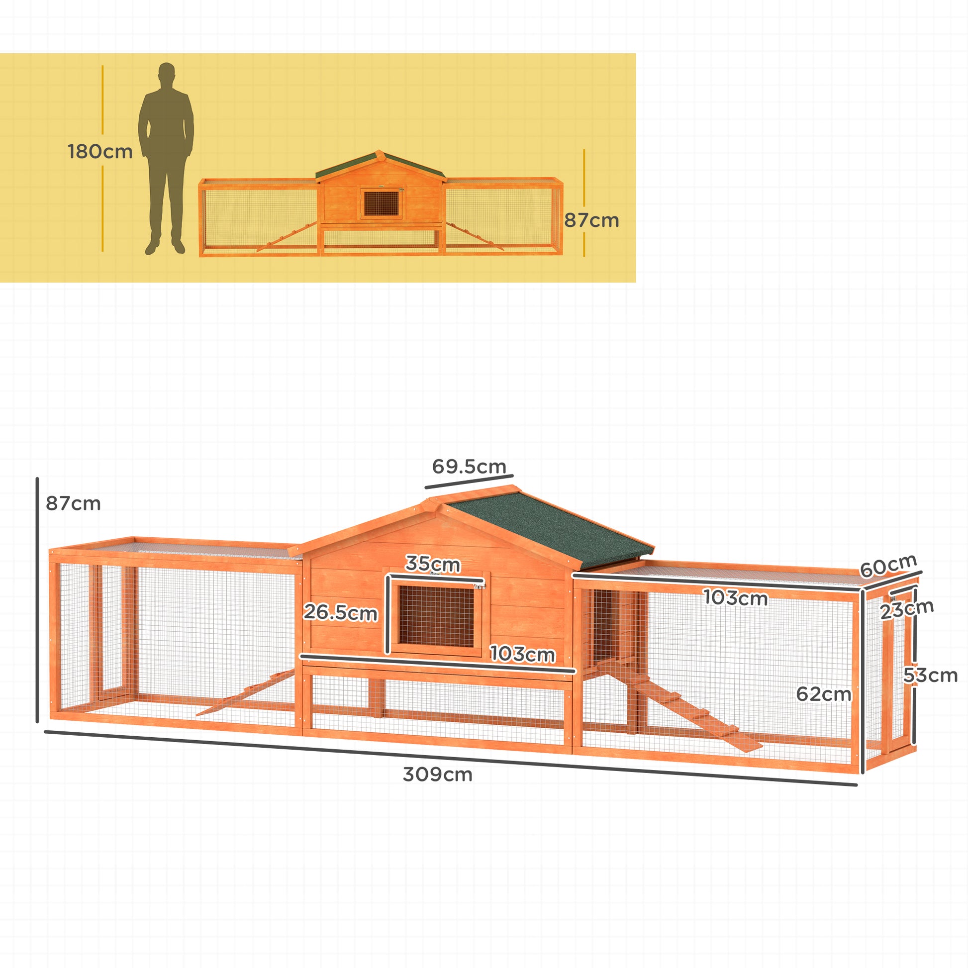 Outdoor Rabbit Hutch with House and 2 Enclosures, Rabbit Cage and Small Animal with Ramps, 309x69.5x87cm, Orange