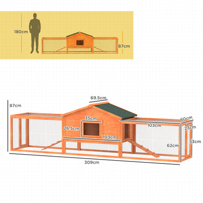 Outdoor Rabbit Hutch with House and 2 Enclosures, Rabbit Cage and Small Animal with Ramps, 309x69.5x87cm, Orange