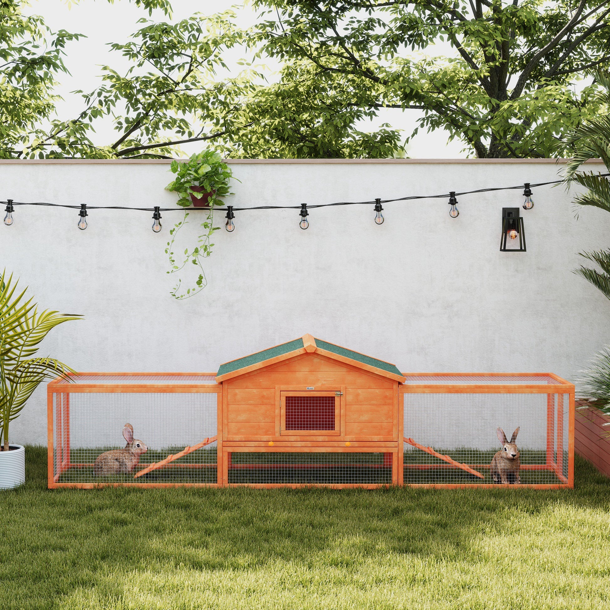 Outdoor Rabbit Hutch with House and 2 Enclosures, Rabbit Cage and Small Animal with Ramps, 309x69.5x87cm, Orange