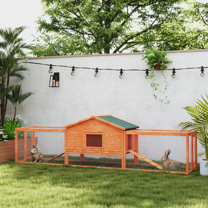 Outdoor Rabbit Hutch with House and 2 Enclosures, Rabbit Cage and Small Animal with Ramps, 309x69.5x87cm, Orange