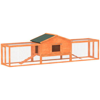 Outdoor Rabbit Hutch with House and 2 Enclosures, Rabbit Cage and Small Animal with Ramps, 309x69.5x87cm, Orange