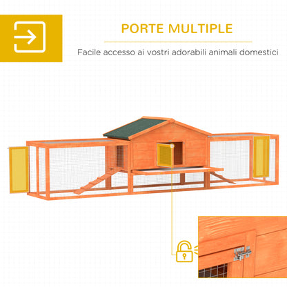 Outdoor Rabbit Hutch with House and 2 Enclosures, Rabbit Cage and Small Animal with Ramps, 309x69.5x87cm, Orange