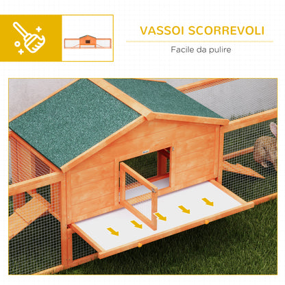 Outdoor Rabbit Hutch with House and 2 Enclosures, Rabbit Cage and Small Animal with Ramps, 309x69.5x87cm, Orange