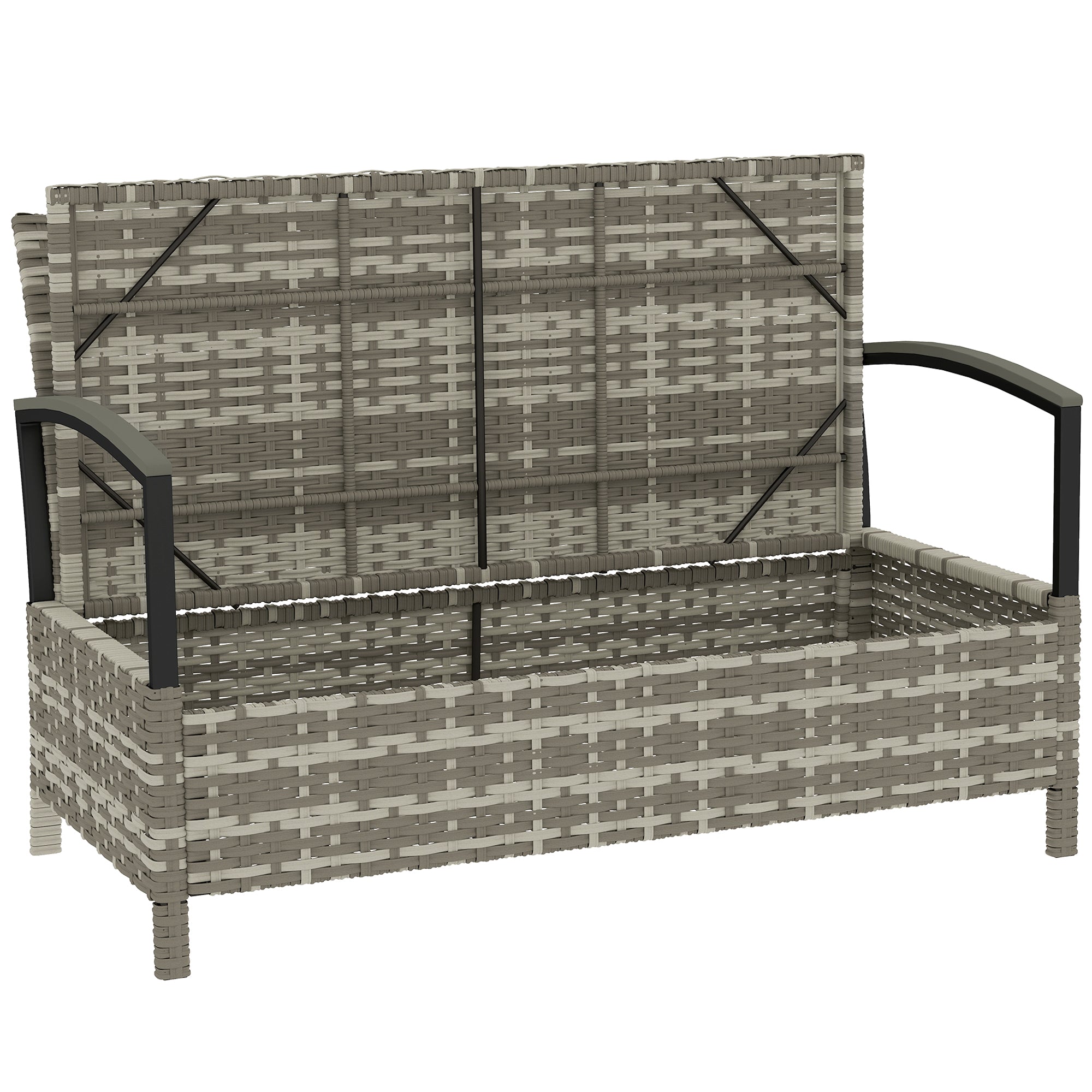 2-Seater Garden Storage Bench with Cushion & Handles — 33 gal Outdoor Storage Box, Poly Rattan, Dark Gray (48.4 x 27.6 x 32.3 in)