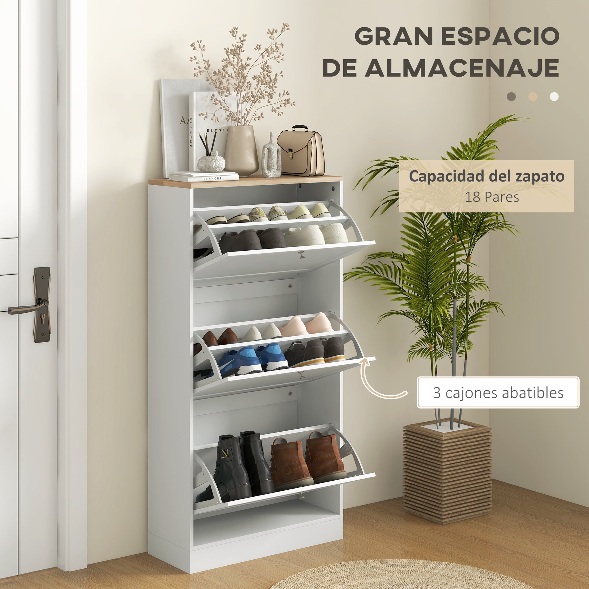 Narrow Shoe Cabinet with 3 Fold-Down Doors Entryway Shoe Storage with Adjustable Shelves for 18 Pairs of Shoes for Hallway Narrow Spaces 60x23.5x115 cm White