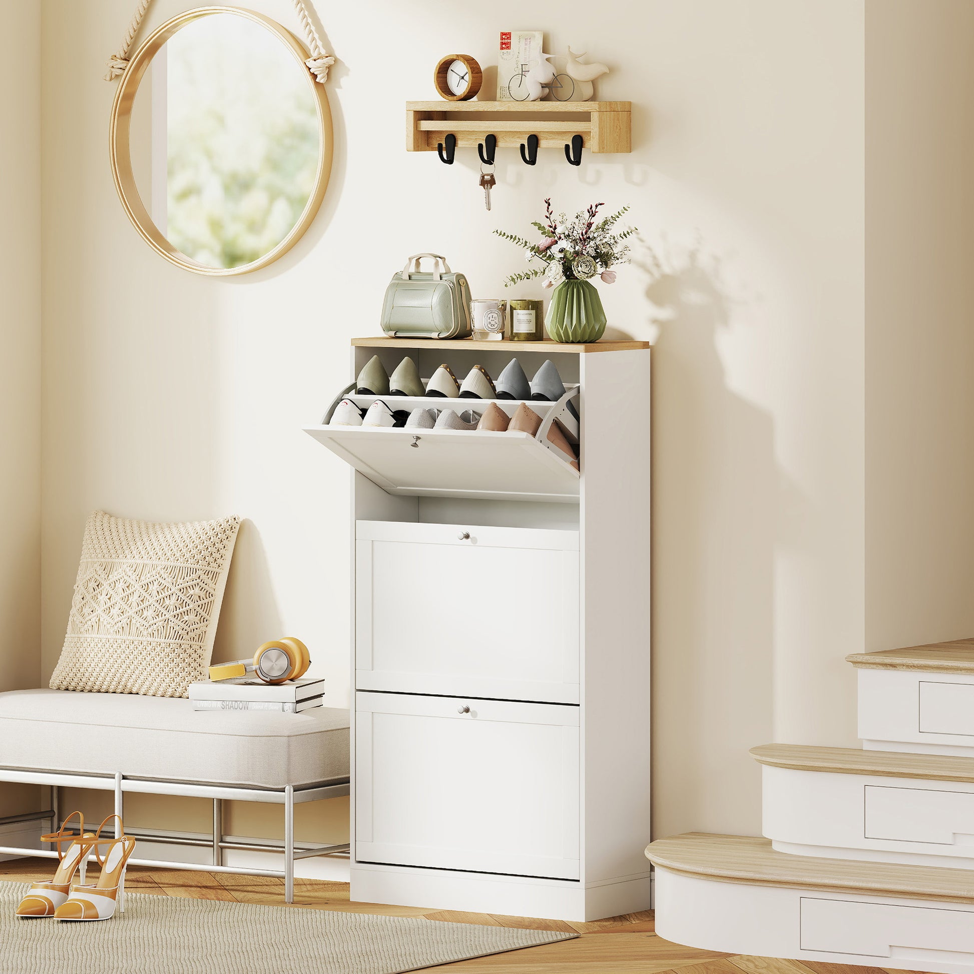 Narrow Shoe Cabinet with 3 Fold-Down Doors Entryway Shoe Storage with Adjustable Shelves for 18 Pairs of Shoes for Hallway Narrow Spaces 60x23.5x115 cm White