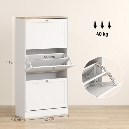 Narrow Shoe Cabinet with 3 Fold-Down Doors Entryway Shoe Storage with Adjustable Shelves for 18 Pairs of Shoes for Hallway Narrow Spaces 60x23.5x115 cm White