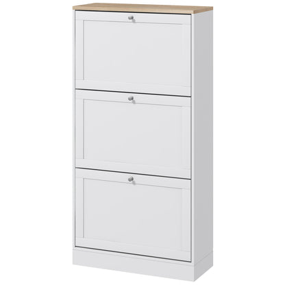 Narrow Shoe Cabinet with 3 Fold-Down Doors Entryway Shoe Storage with Adjustable Shelves for 18 Pairs of Shoes for Hallway Narrow Spaces 60x23.5x115 cm White