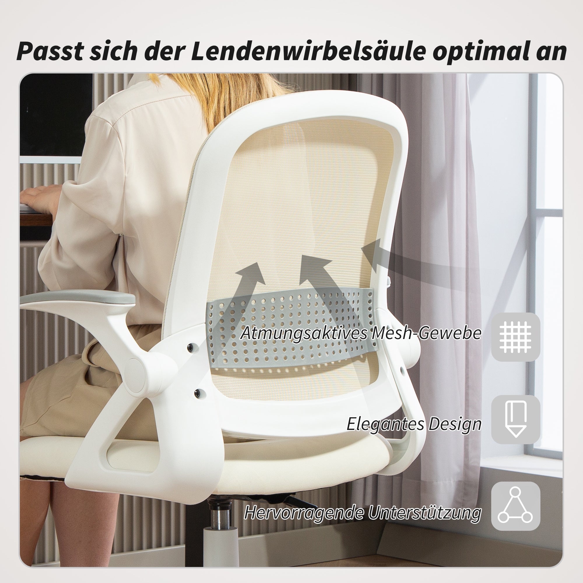 Ergonomic Mesh Office Chair with Flip-Up Arms, Lumbar Support, Adjustable Height & Tilt — White