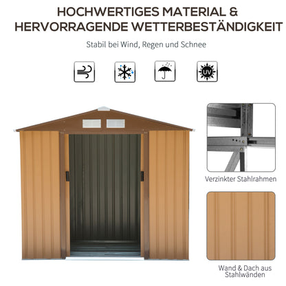 Tool Shed 2.42m², Garden Shed with Gable Roof, Sliding Door, Foundation, 213 x 130 x 185 cm, Tool Shed made of Galvanized Steel, Weatherproof, for Garden, Yellow