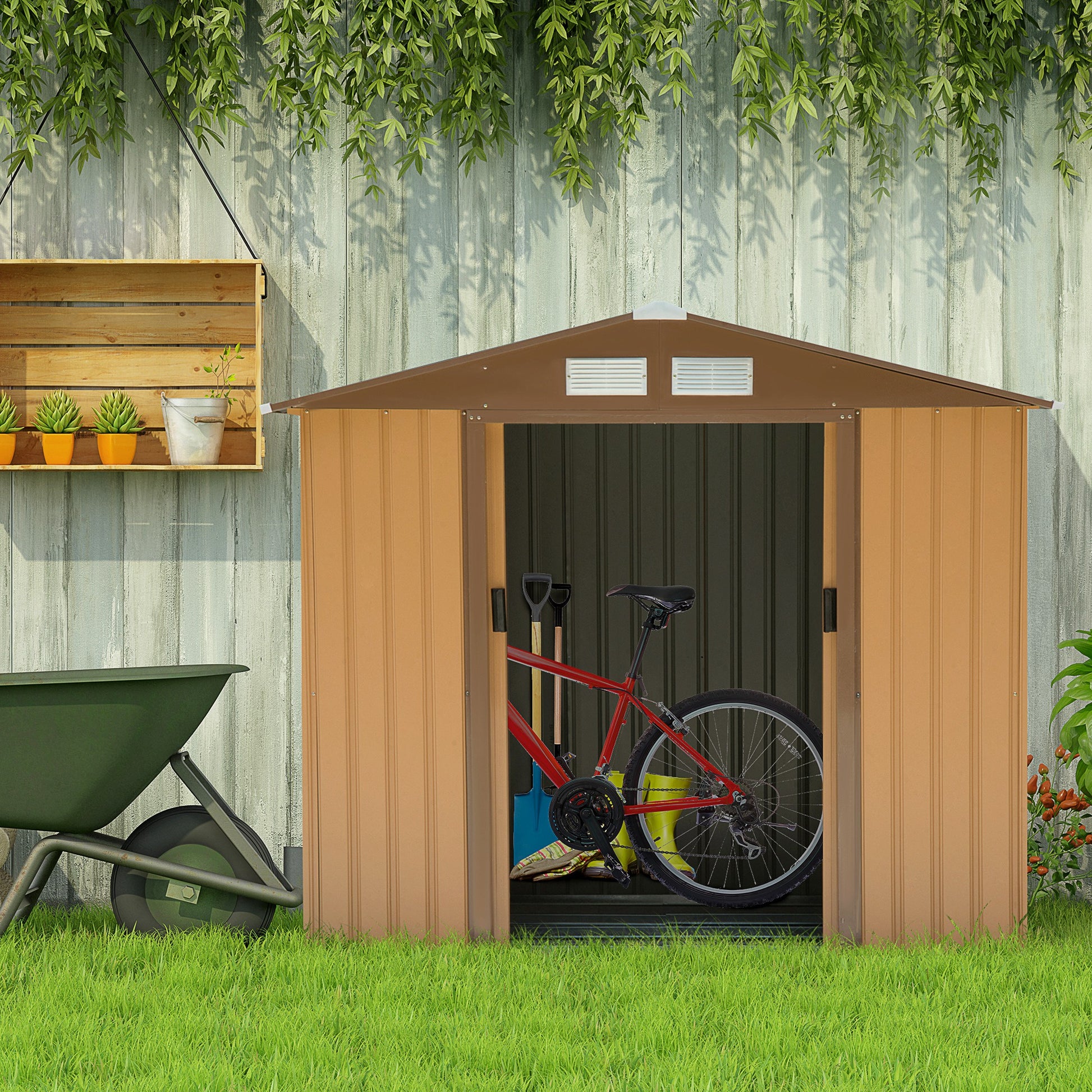 Tool Shed 2.42m², Garden Shed with Gable Roof, Sliding Door, Foundation, 213 x 130 x 185 cm, Tool Shed made of Galvanized Steel, Weatherproof, for Garden, Yellow