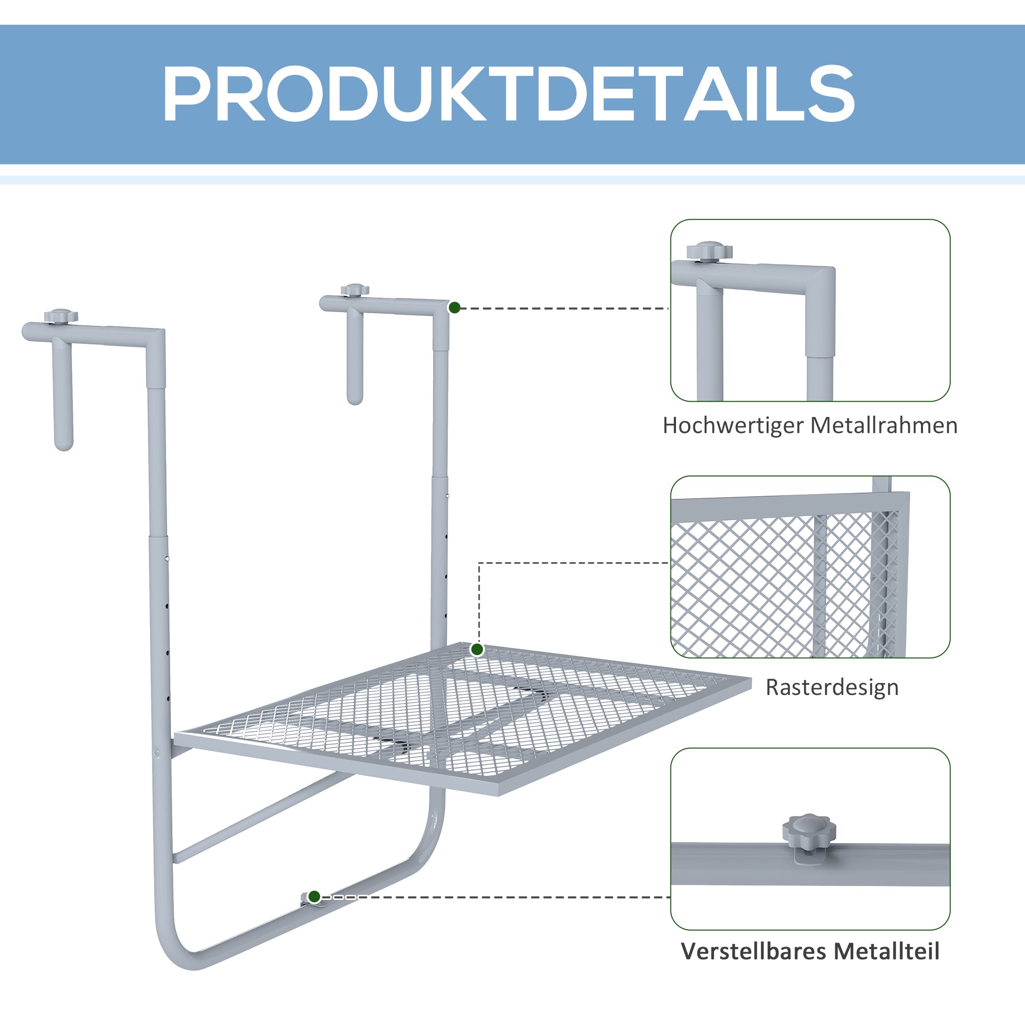 Foldable Hanging Balcony Table – 4-Position Height-Adjustable Metal Clamp-On Railing Table, Weather-Resistant, 23.6 x 15.7 in (60 x 40 cm), Gray