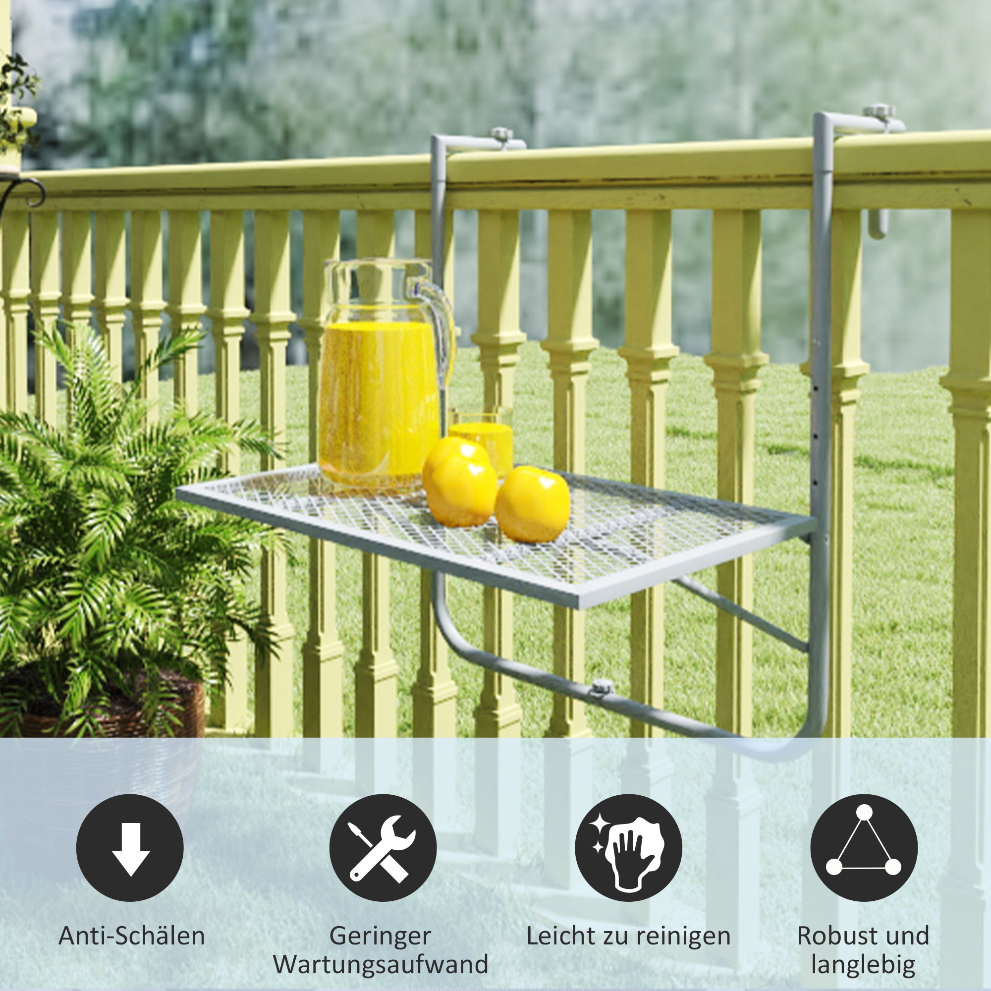 Foldable Hanging Balcony Table – 4-Position Height-Adjustable Metal Clamp-On Railing Table, Weather-Resistant, 23.6 x 15.7 in (60 x 40 cm), Gray