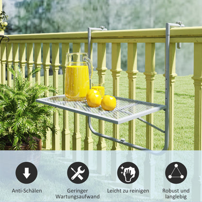 Foldable Hanging Balcony Table – 4-Position Height-Adjustable Metal Clamp-On Railing Table, Weather-Resistant, 23.6 x 15.7 in (60 x 40 cm), Gray